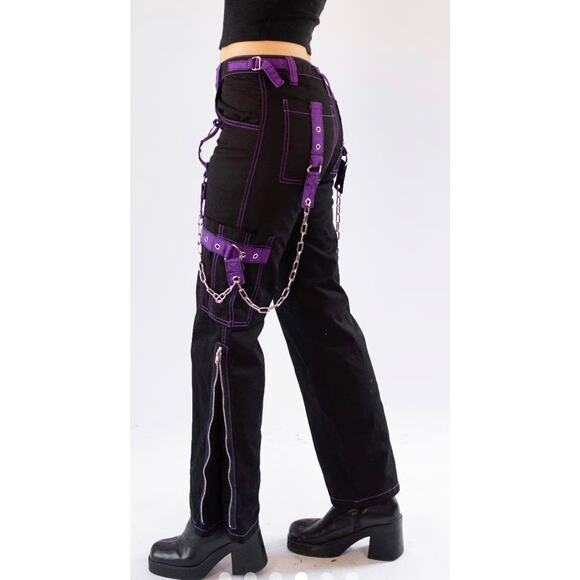 Tripp NYC Women's Y2K Streetwear Rave Bondage Black Purple Cargo Jeans Chains 5 - Picture 3 of 16